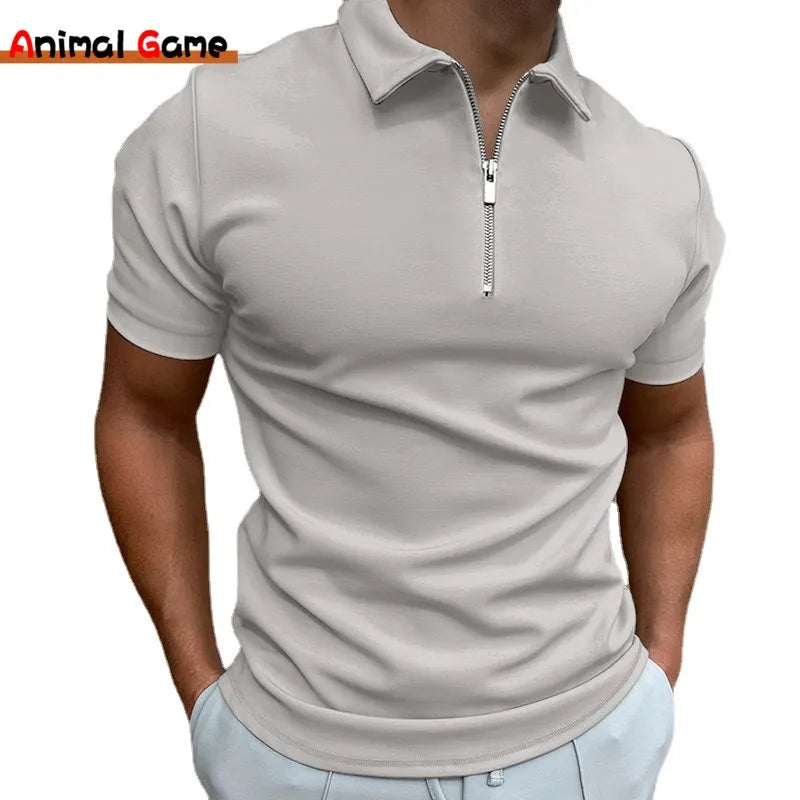 Polo Shirt Short Sleeve Turn-Down Collar Zipper for Men Casual