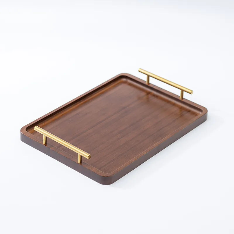 Ebony Rectangular Wooden Tray with Golden Metal Handle for Water Cup Fruit Food Bread Sundries Serving Tray Household Organizer