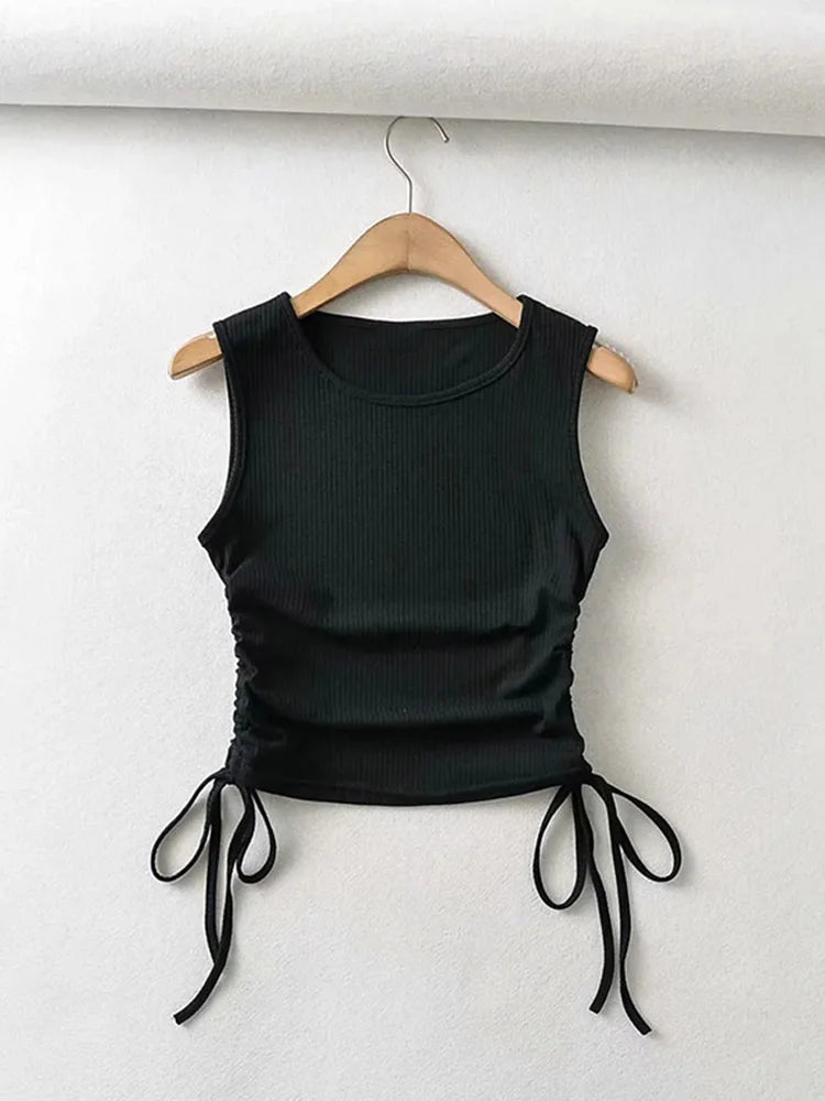 2024 Summer NEW Arrival Women Solid Color Sexy Causal Crop Top With String Both Side