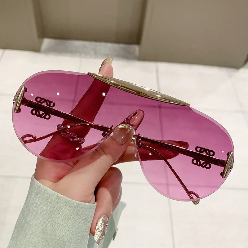 Cutting rimless oversize one piece shield sunglasses for women fashion alloy big frame gradient Y2K sun glasses ladies shades