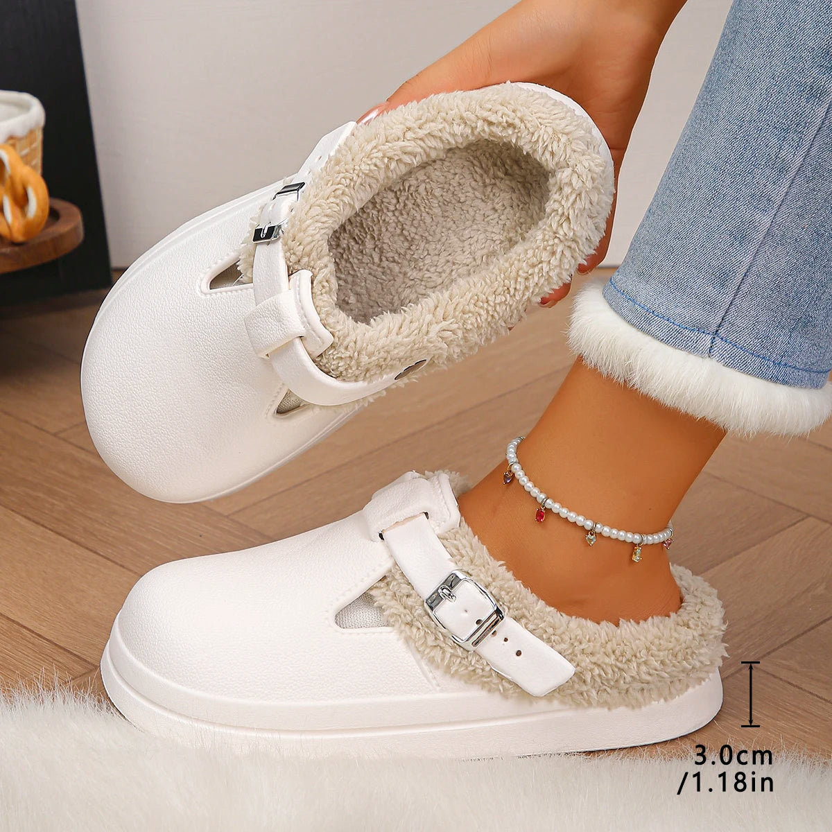 Waterproof Eva Furry Mules Slippers Women 2025 Winter Metal Buckle Warm Plush Slippers Soft Thick Bottom Non Slip Indoor Slides