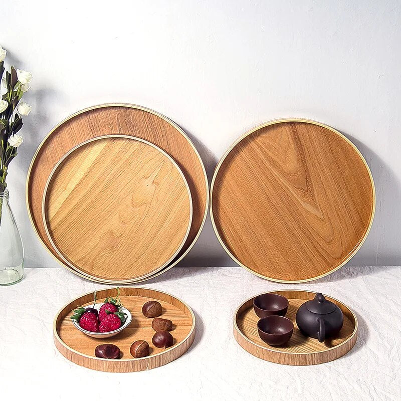 Japanese Style Round Tray Food Serving Plate Wood Snack Dessert Plate natural Tea Food Server Dishes Drink Platter waterproof