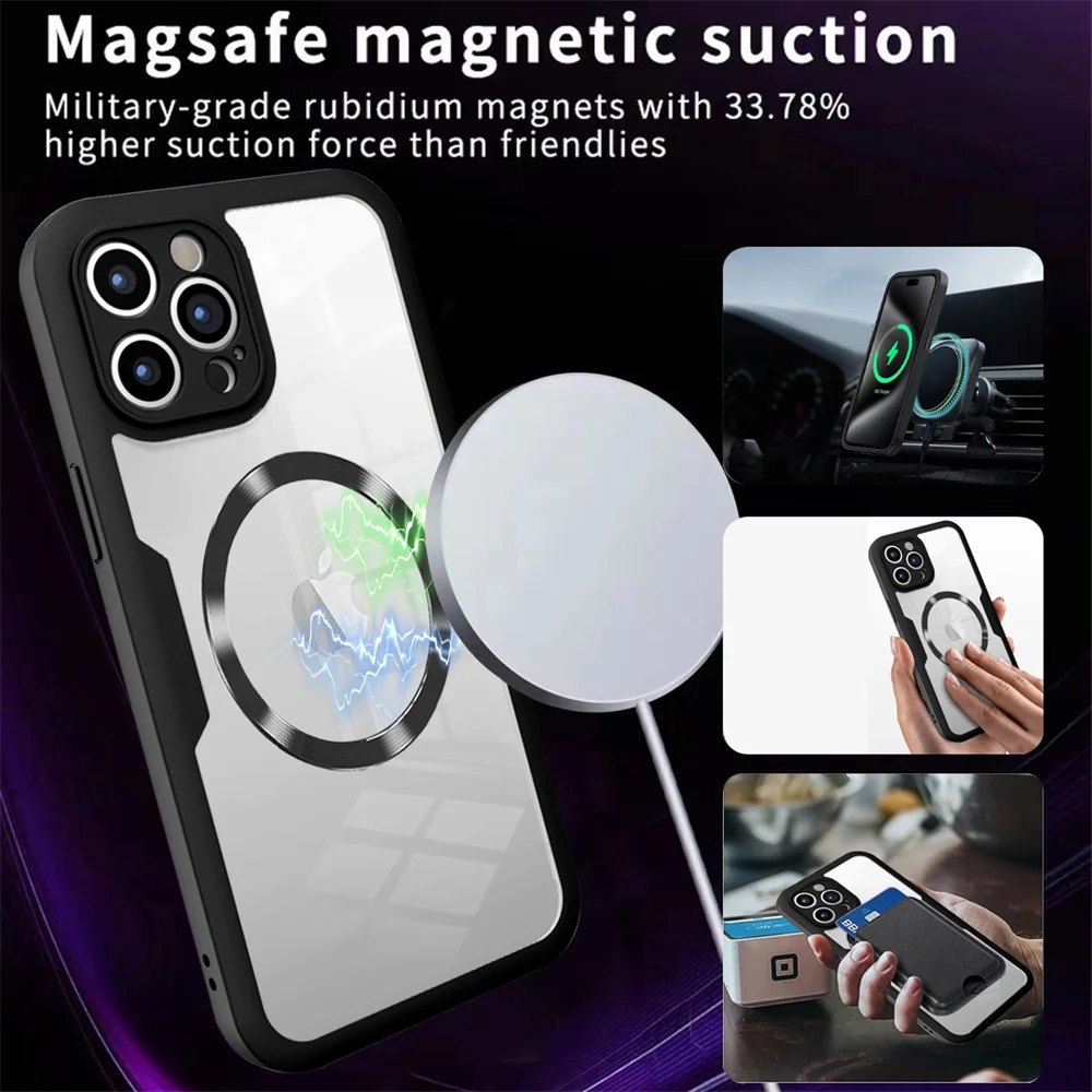 360 Full Body Transparent Magnetic For Magsafe Phone Case For iPhone 16 15 13 14 Pro Max 15 Plus Wireless Charging Cover