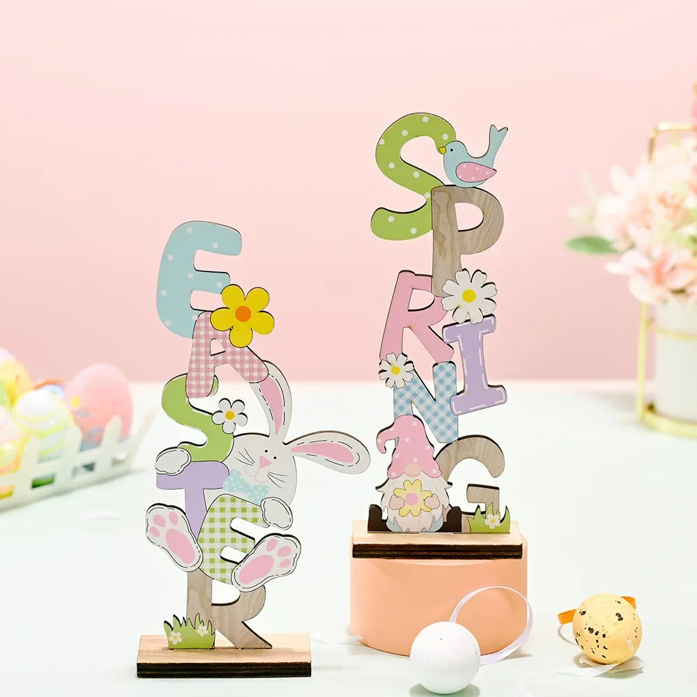 2024 Spring Easter Wooden Letter Ornaments DIY Bunny Vertical Ornaments Happy Easter Day Party Decor Rabbit Home Desktop Decor