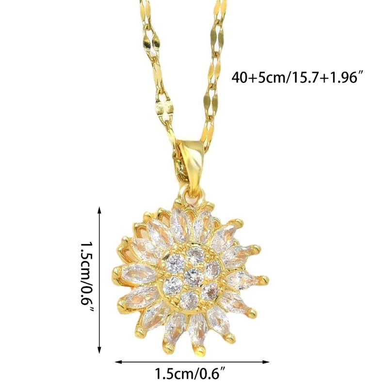 Fashion Necklace Ring Set Dainty Zircon Sunflower Pendant Necklace Rotatable Sunflower Clavicle Chain