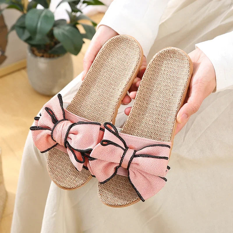 Women Summer Casual Slides Comfortable Flax Slippers Striped Bow Linen Flip Flops Platform Sandals Ladies