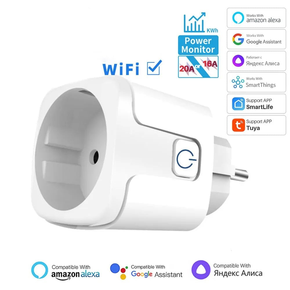 Tuya 16A 20A EU Smart Socket WiFi Smart Plug With Power Monitoring Timing Function Voice Control Alexa Google Assistant