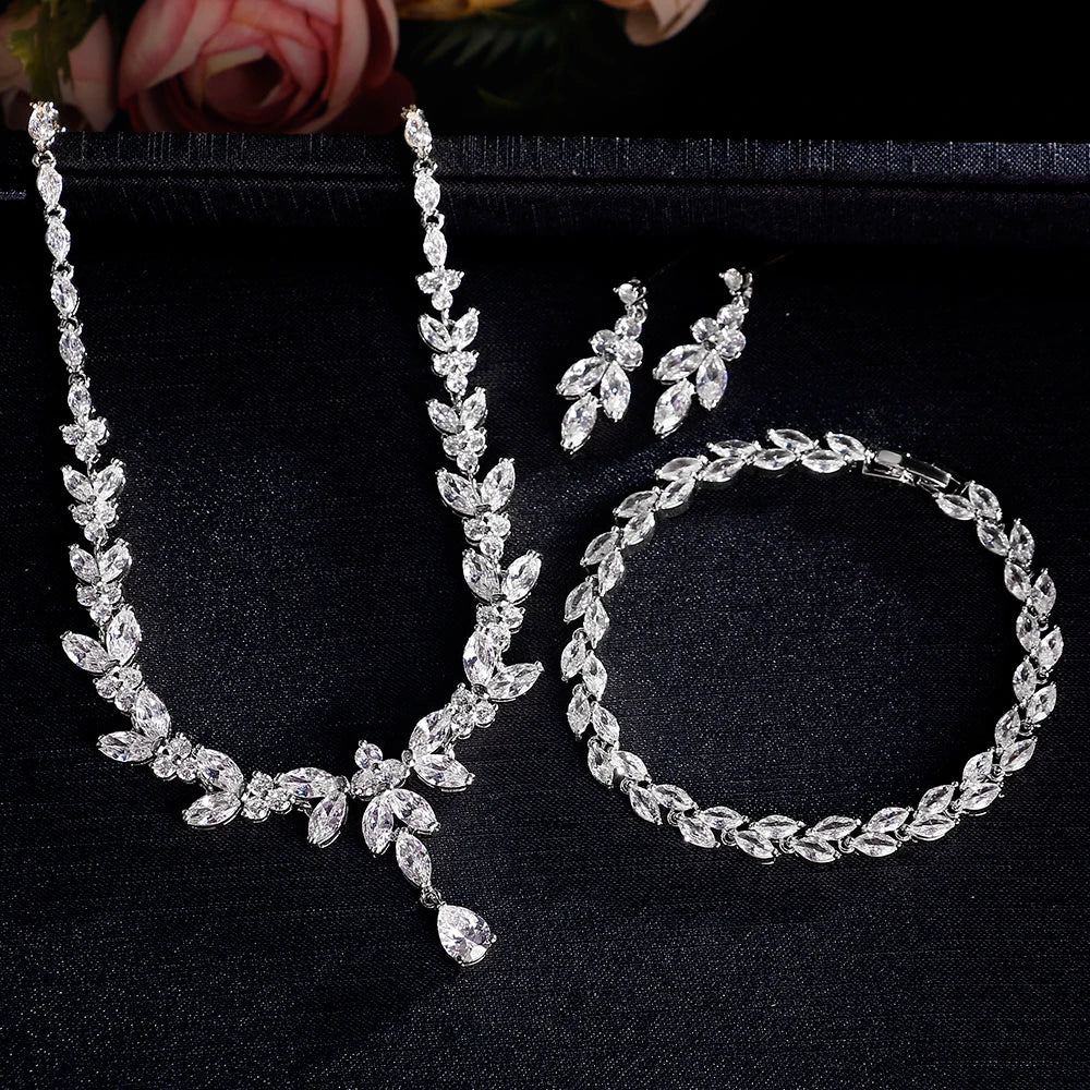 ZAKOL Luxury Brilliant Zirconia Leaf Necklace Earrings Rings Bracelets Set for Women