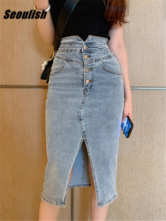 Seoulish New Front Split Women's Denim Wrap Skirts Buttons High Wasit Jeans Female Straight Pencil Midi Skirts Summer