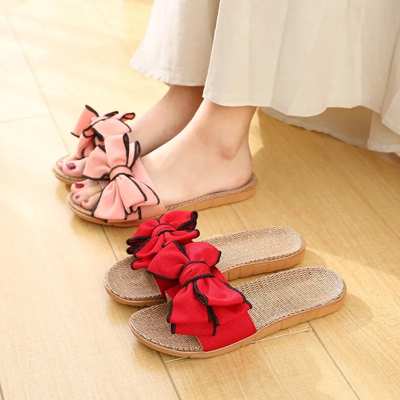 Women Summer Casual Slides Comfortable Flax Slippers Striped Bow Linen Flip Flops Platform Sandals Ladies