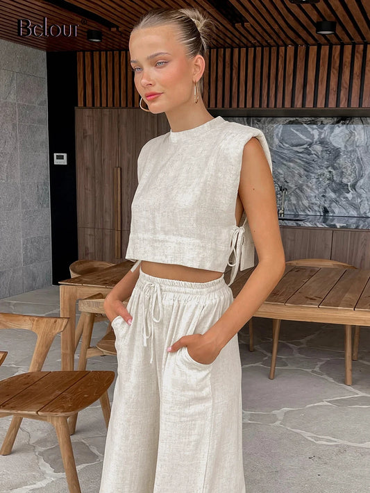 Bclout Summer Khaki Linen Pants Sets Women 2 Piece 2024 Fashion Lace-Up Crop Tops Vacation Elastic Waist Loose Long Pants Suits