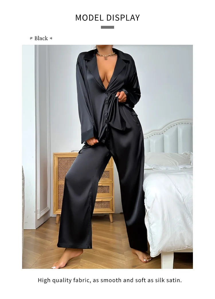 Womens 2 Piece Silk Satin Pajamas Long Sleeve Deep V-neck Lounge Sets