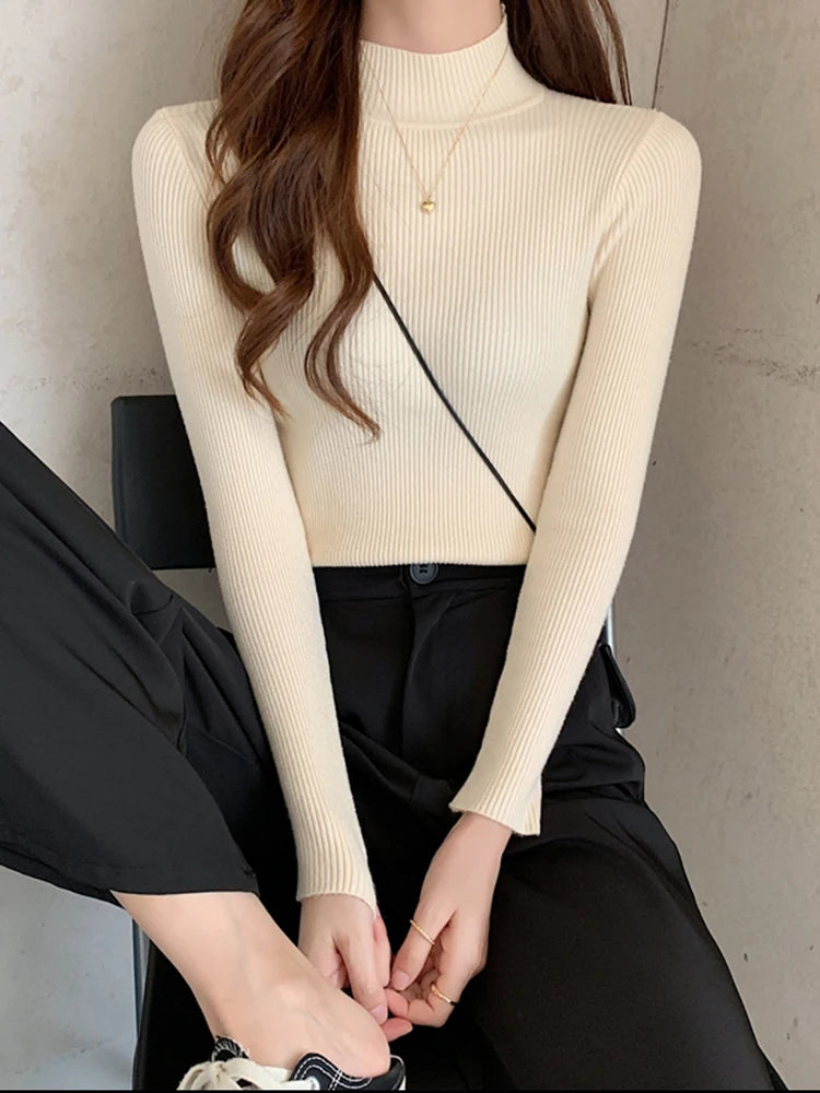 Autumn Winter Mock Neck Women Sweater Vintage