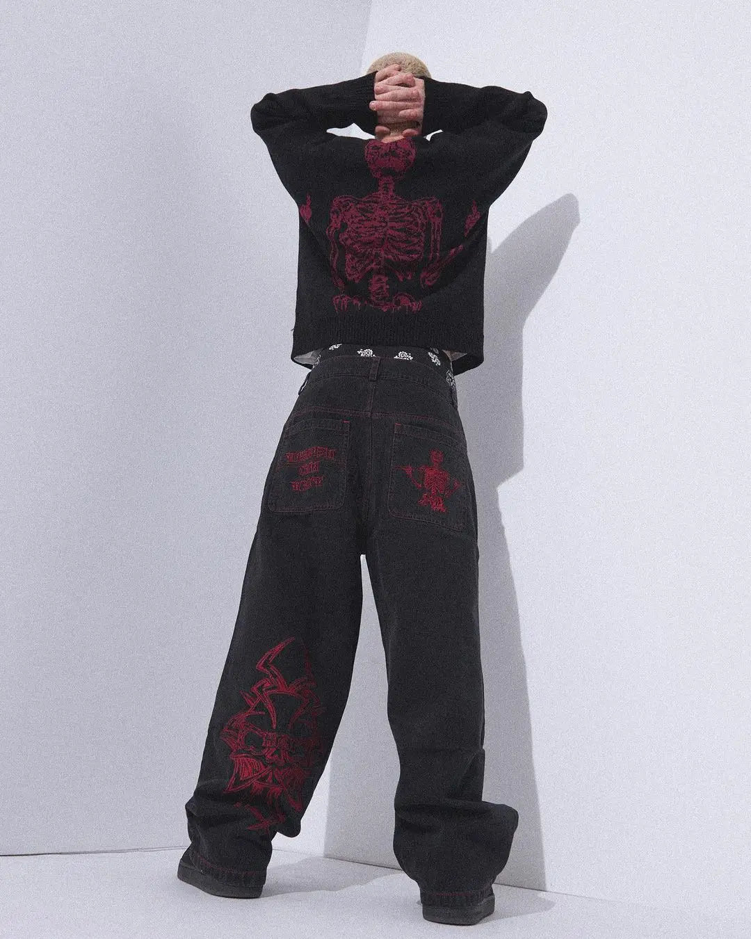 Y2K Jeans Mens Hip Hop Retro Skull Embroidery Washed Baggy Denim Pants