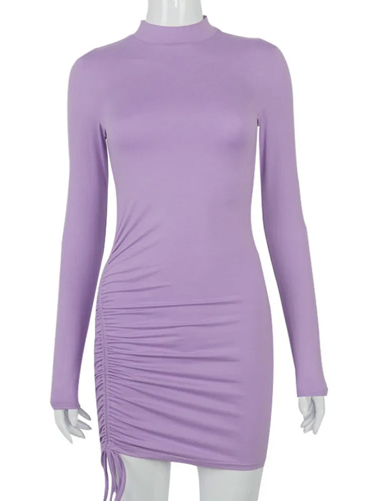 Long Sleeve Ruched Dress Women Turtleneck