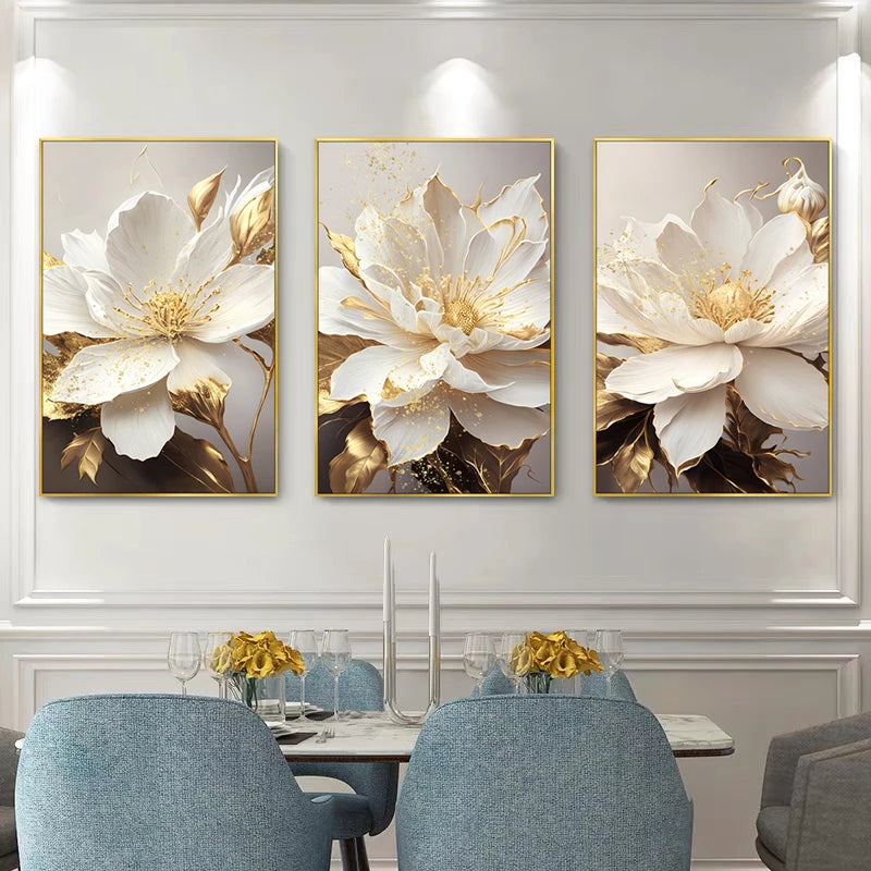 Gold Leaf White Blooming Flowers Decorative Paintings Canvas Wall Art Pictures Prints Luxury Living Room Modern Home Decoration