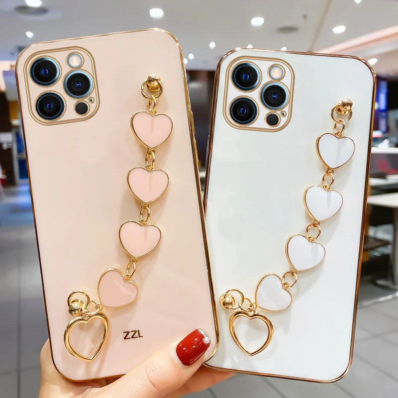 Fashion Plating Love Heart Bracelet Chain Case For iPhone 15 14 12 11 13 Pro Max X XS 13pro 14pro 7 8 Plus Shockproof Case Cover