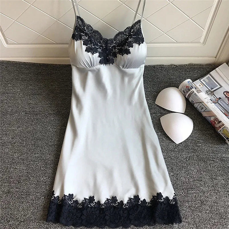 Women's Sexy Lingerie Summer Silk Night Gown Lace Patchwork Mini Night Dress