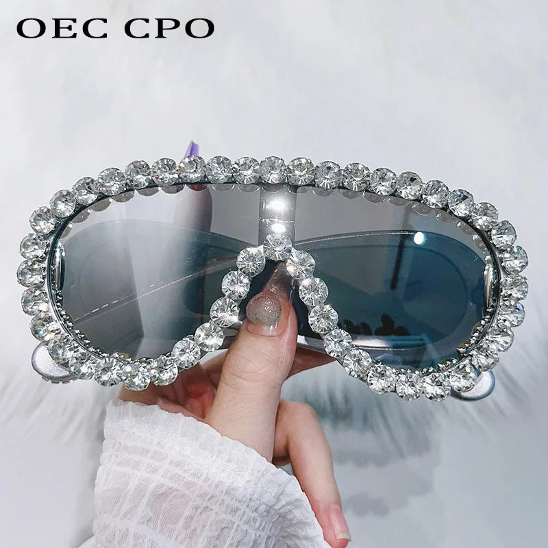 Shiny Diamonds Y2K Sunglasses Women Luxury Oversized One Piece Sun Glasses Goggle Female Trends Rhinestone Shades Eyewear UV400