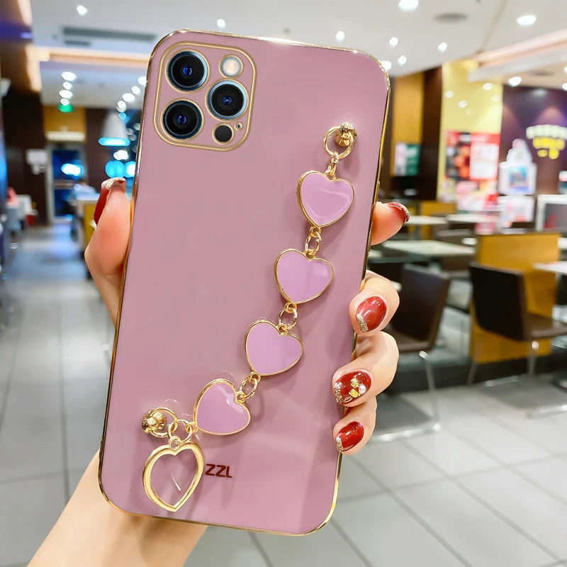 Fashion Plating Love Heart Bracelet Chain Case For iPhone 15 14 12 11 13 Pro Max X XS 13pro 14pro 7 8 Plus Shockproof Case Cover