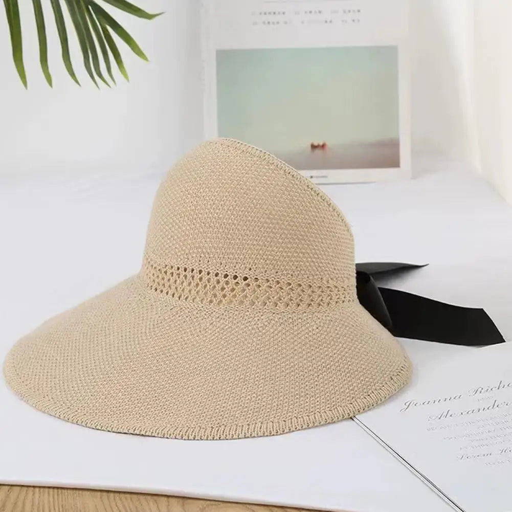 Summer Straw Hat  Empty Sun Hats With Bow Foldable UV Protection Wide Brim Beach Visor Caps For Women