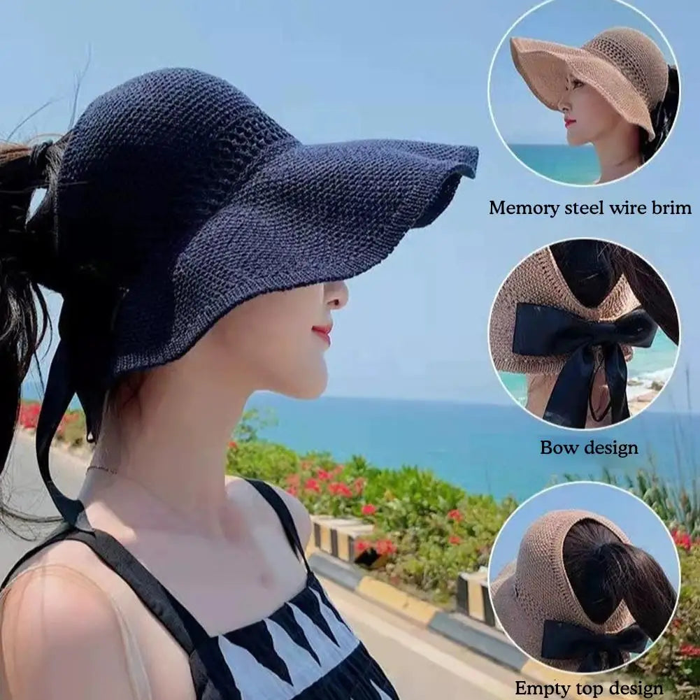 Summer Straw Hat  Empty Sun Hats With Bow Foldable UV Protection Wide Brim Beach Visor Caps For Women