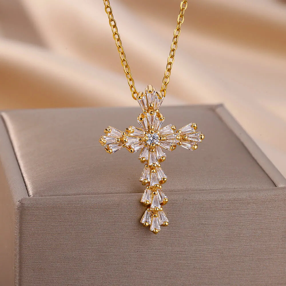 Zircon Cross Pendant Necklace for Women Gold Plated Stainless Steel Collar Necklaces