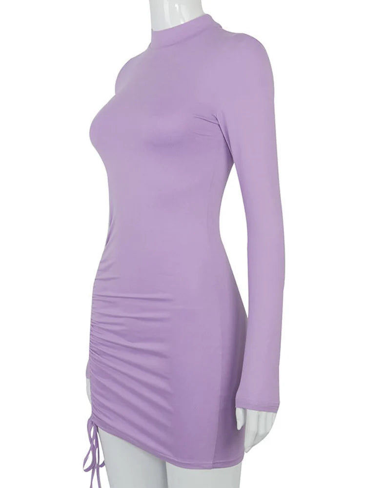 Long Sleeve Ruched Dress Women Turtleneck