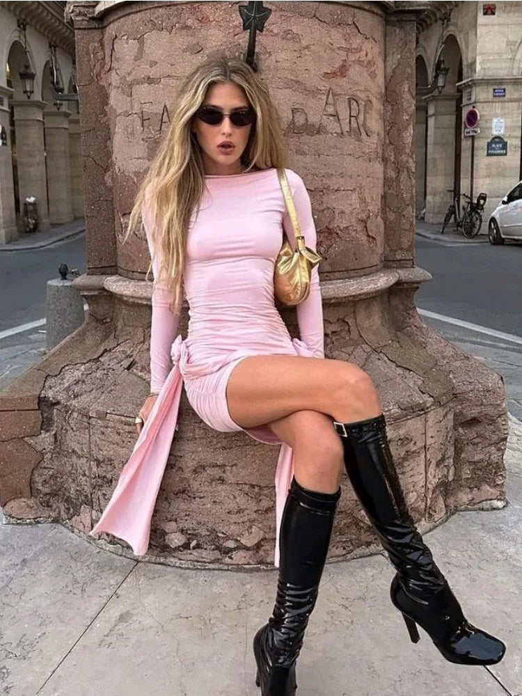 Pleated Long Sleeve Mini Dress