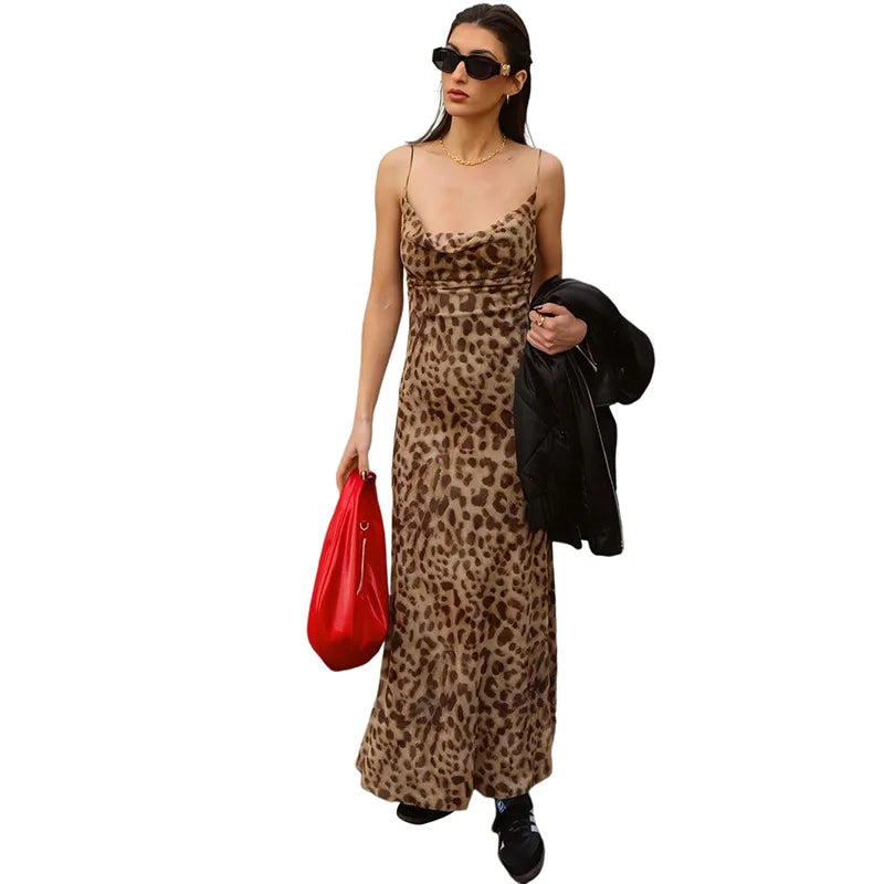 Waist-Tight Leopard Print Backless Sling Dress