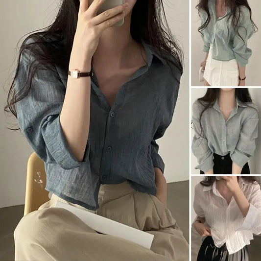 Chic Cardigan Shirt Single Breasted Thin Women Solid Color.