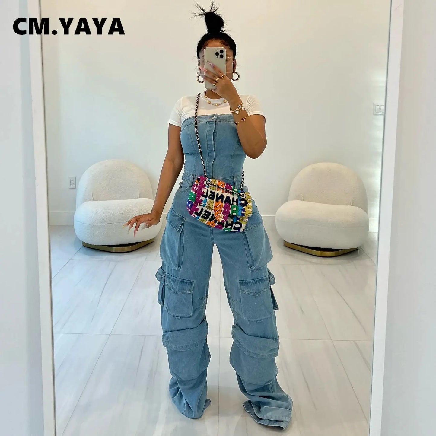 CM.YAYA Women Sleeveless Button Front Strapless Pocket Side Cargo Denim Jeans Jumpsuit Street One Piece Suit Romper Playsuits