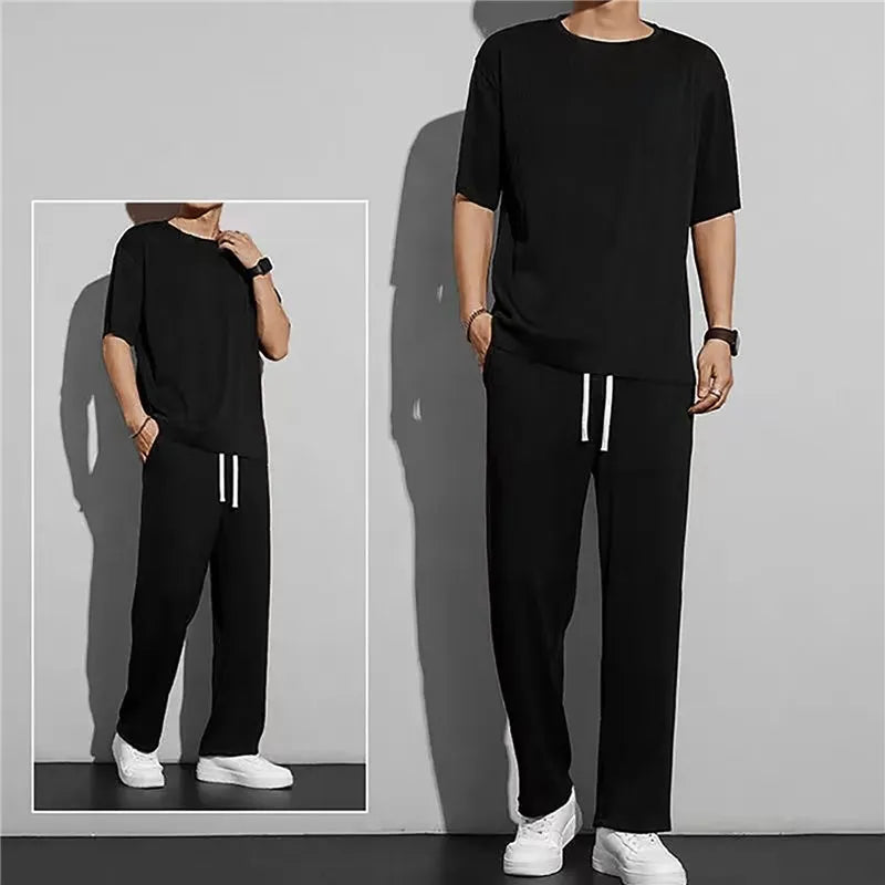 New Ice Silk Casual Suit Male Ins Tide Brand Straight Pleated Sports Pants