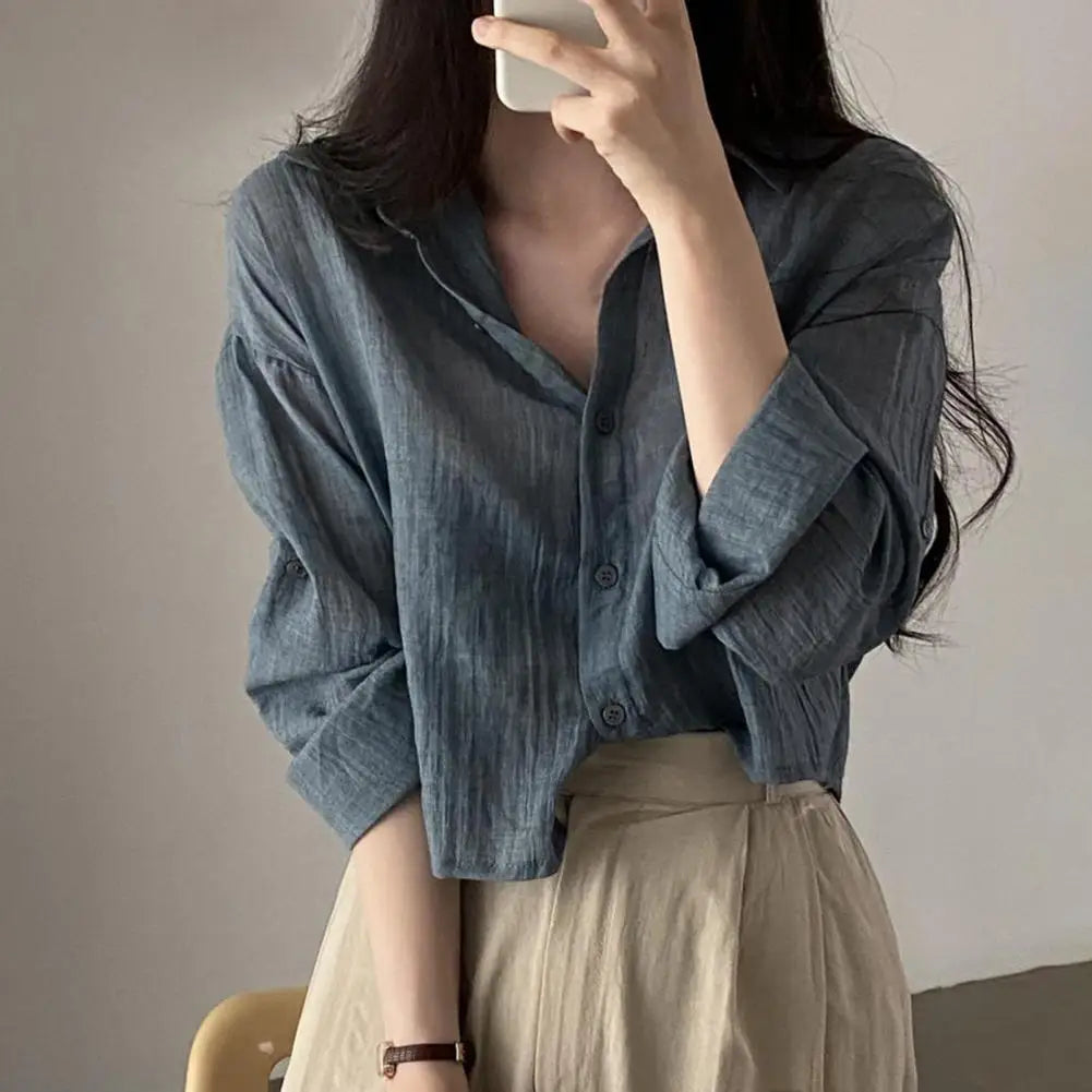 Chic Cardigan Shirt Single Breasted Thin Women Solid Color.