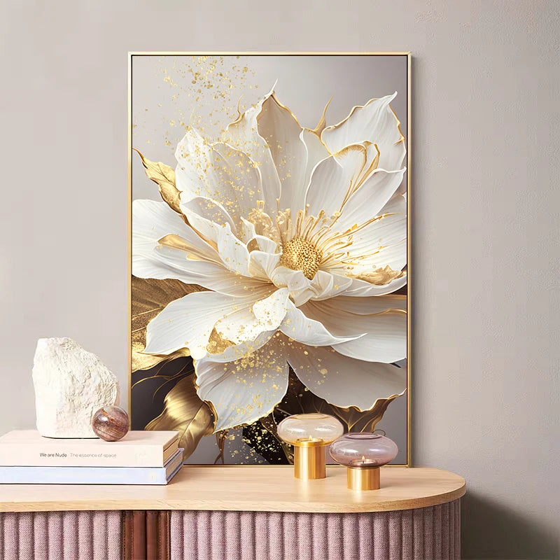 Gold Leaf White Blooming Flowers Decorative Paintings Canvas Wall Art Pictures Prints Luxury Living Room Modern Home Decoration