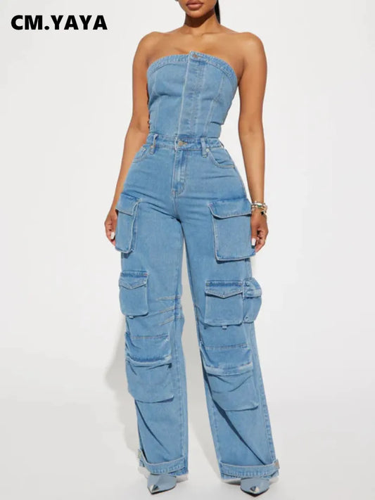 CM.YAYA Women Sleeveless Button Front Strapless Pocket Side Cargo Denim Jeans Jumpsuit Street One Piece Suit Romper Playsuits