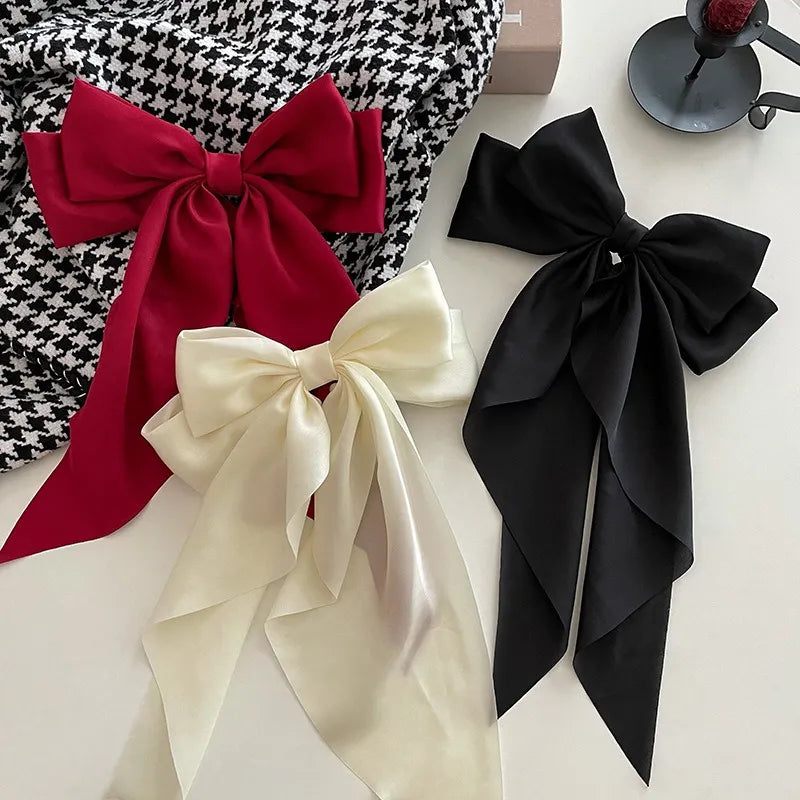 11 Solid Color Satin Ribbon Big Bows Hairpin Spring Clips