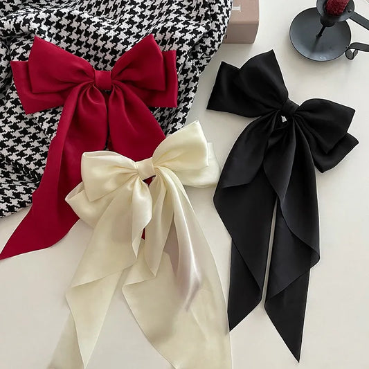 11 Solid Color Satin Ribbon Big Bows Hairpin Spring Clips