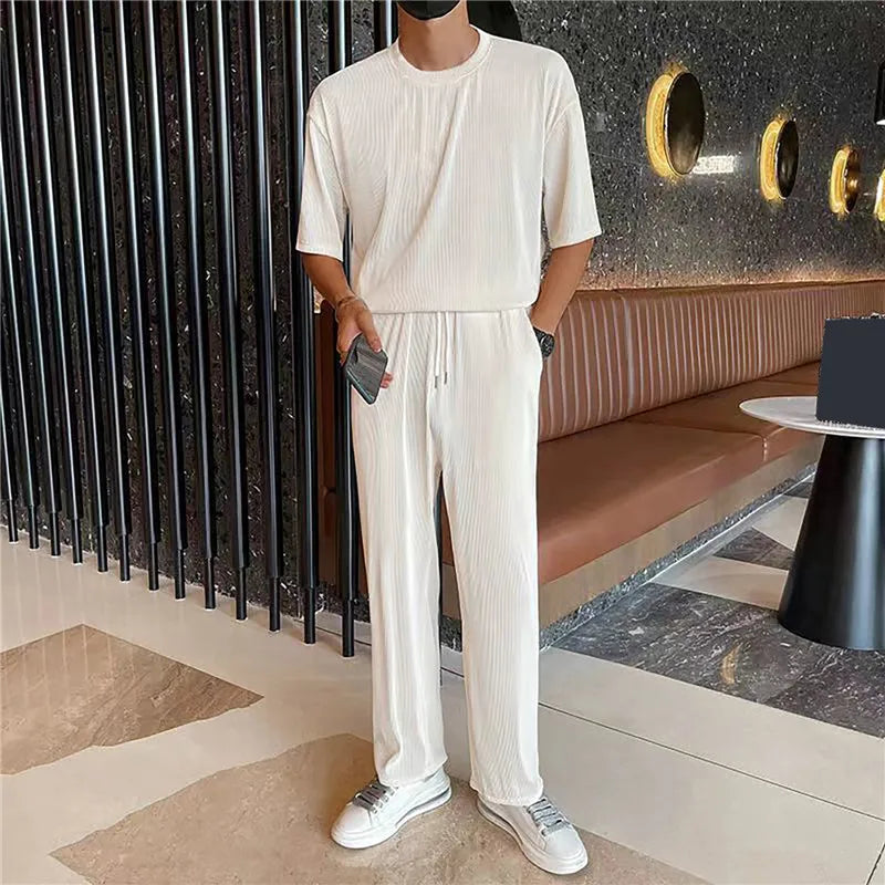 New Ice Silk Casual Suit Male Ins Tide Brand Straight Pleated Sports Pants