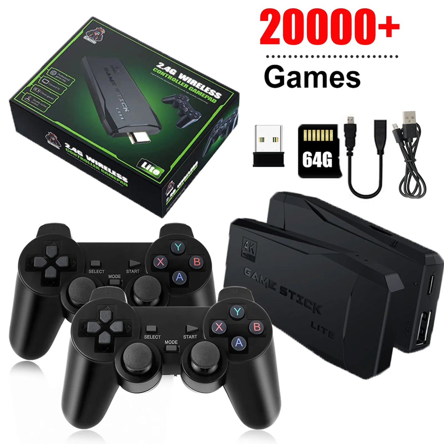 Video Game Console Built-in 20000+ Games Retro Handheld Game Player 64G 4K TV Game Stick 2.4G Wireless Controller Gamepad