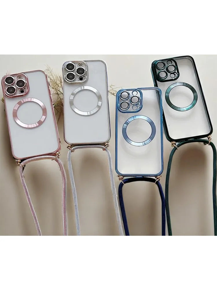 Electroplated transparent magnetic Magsafe wireless charging case suitable for iPhone 15, 14, 11, 12, 13 Pro Max  necklace case