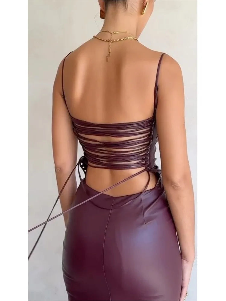 Sexy Bandage Backless Pu Leather Dress Women Elegant