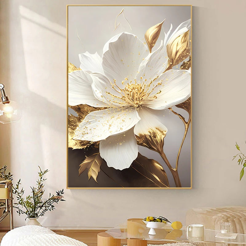 Gold Leaf White Blooming Flowers Decorative Paintings Canvas Wall Art Pictures Prints Luxury Living Room Modern Home Decoration