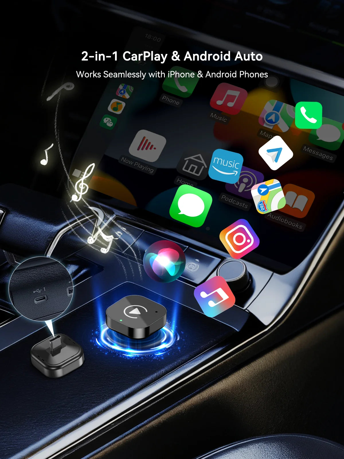 （Type-C）2 in 1 carplay Dongle, Wireless CarPlay Apapter USB C / Android Auto USB C For Converts Wired to Wireless Plug & Play