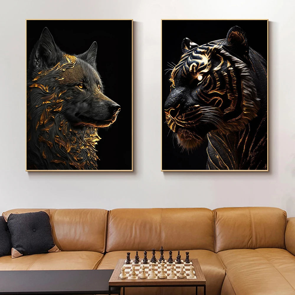 Abstract Black Gold Animal Canvas Painting Owl Tiger Lion Wolf Eagle Zebra Bull Posters Wall Art Pictures for Room Home Decor