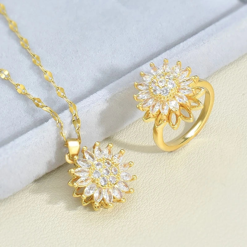 Fashion Necklace Ring Set Dainty Zircon Sunflower Pendant Necklace Rotatable Sunflower Clavicle Chain