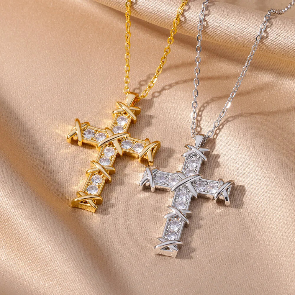 Zircon Cross Pendant Necklace for Women Gold Plated Stainless Steel Collar Necklaces