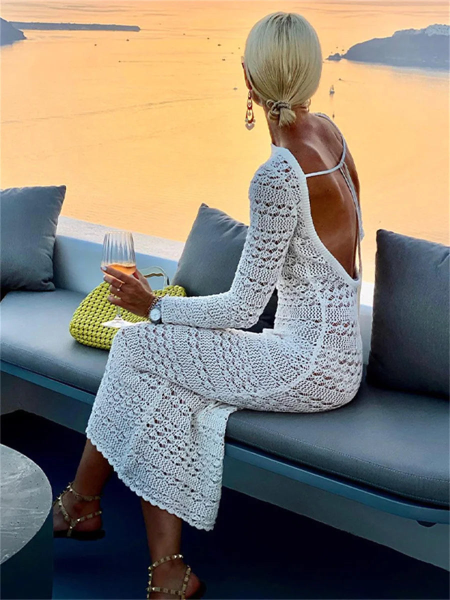 wsevypo Backless Tie Up Knit Crochet Beach Long Dress Women