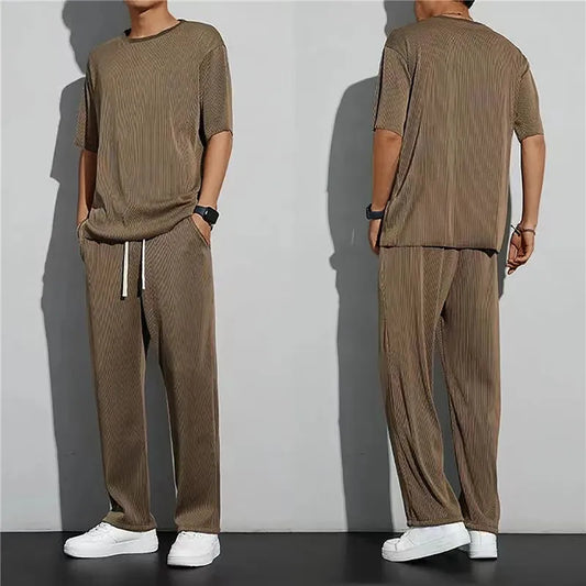 New Ice Silk Casual Suit Male Ins Tide Brand Straight Pleated Sports Pants