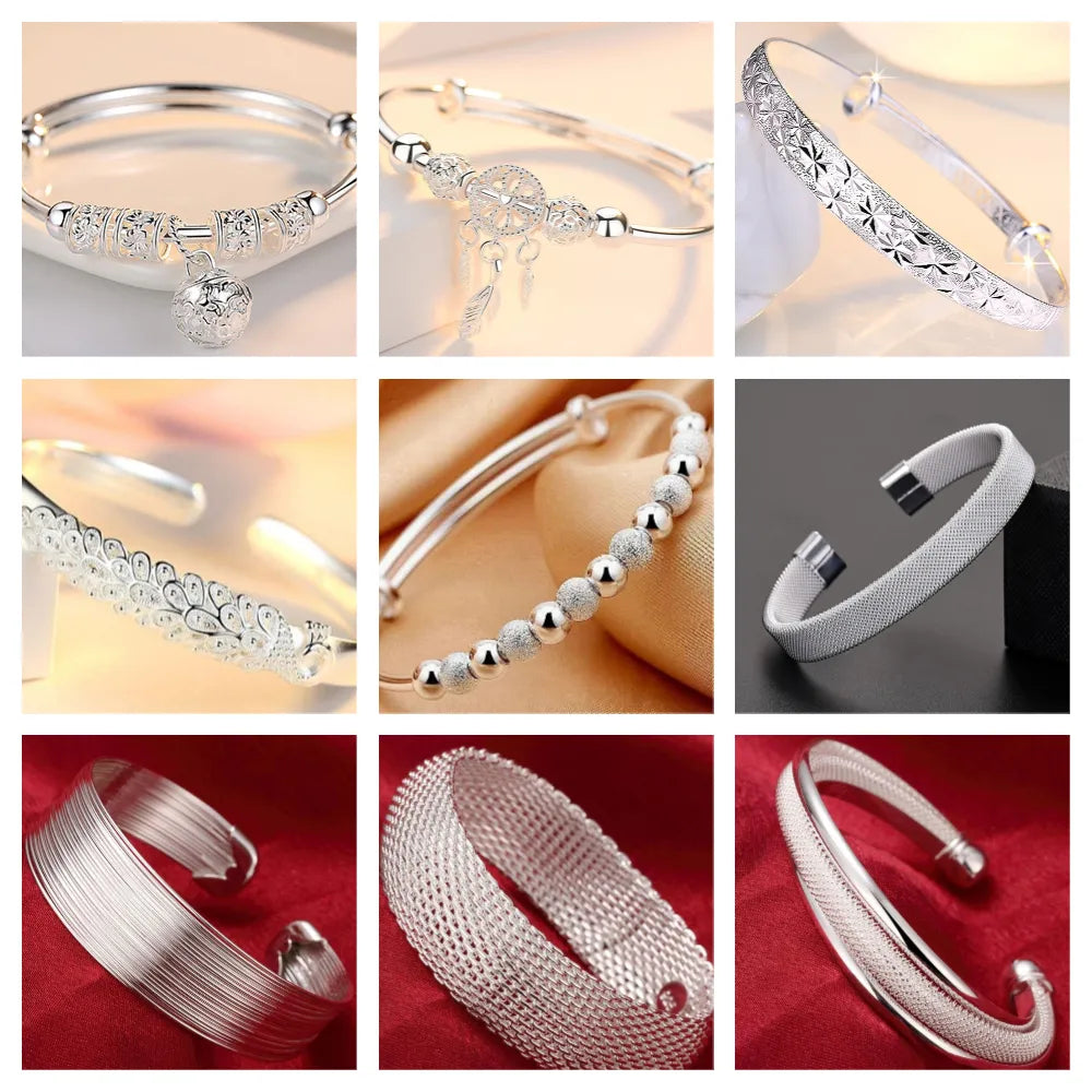 925 Sterling Silver Bangles Bracelet Charms Heart Open for Women Lady Jewelry